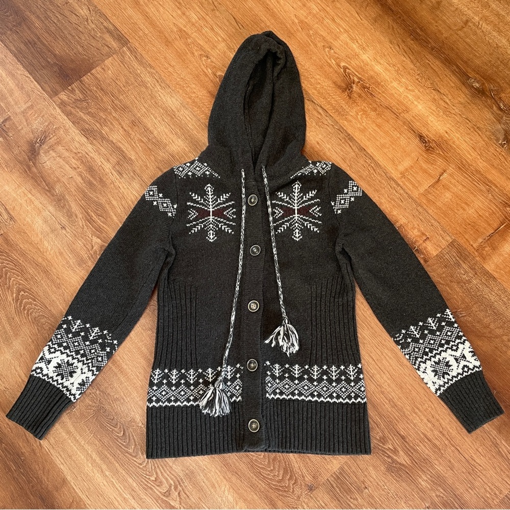 Eddie Bauer‎ Womens Fair Isle Hooded Sweater Cardigan Medium Gray Tassels Button